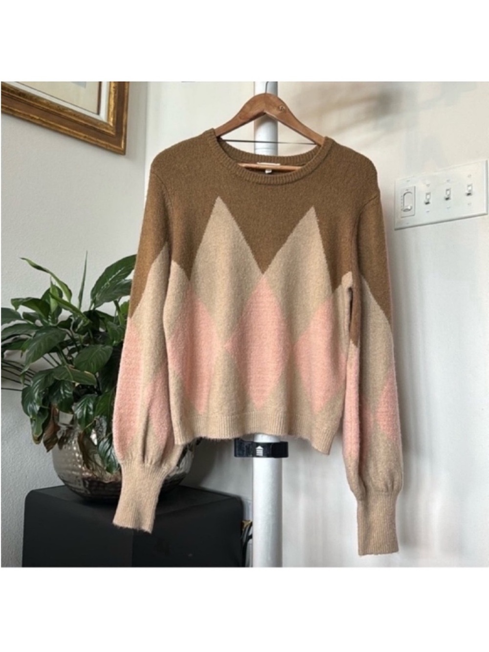A Loves A Wool Blend Balloon Sleeves Sweater Sz M Neutral Crew Brown Tan Diamond